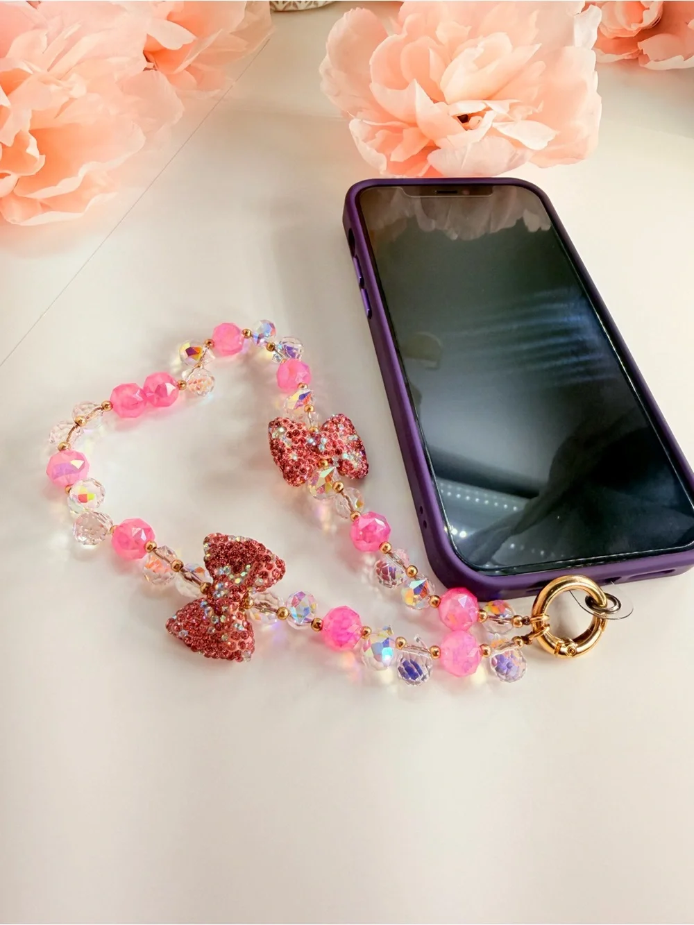 Emma Pink Beaded crystal Bow phone Keychain